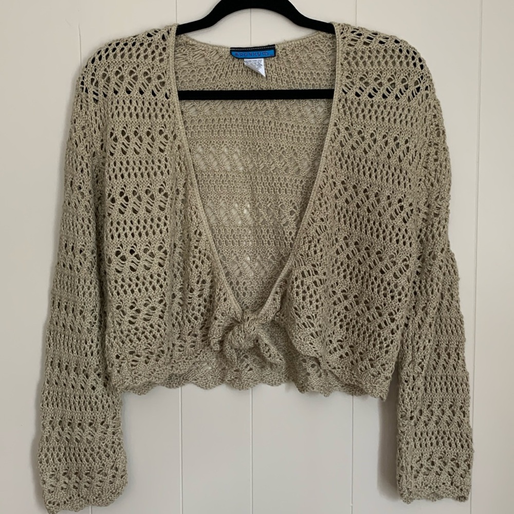 Crochet Cardigan SIZE XL Tie Front Long Sleeve Very Pretty!!